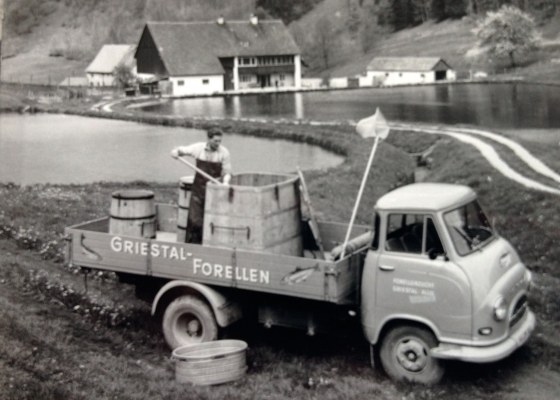 The historic Griestal Forellen delivery truck beside the fish ponds